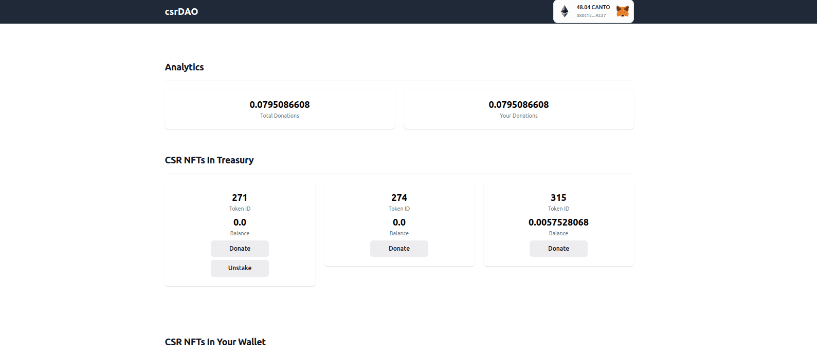 The csrDAO app showing donation analytics and CSR NFTs staked in the treasury