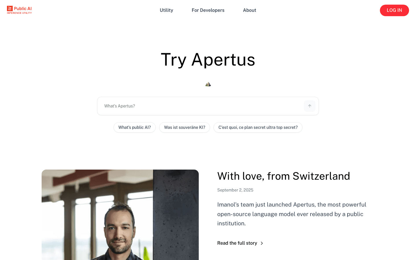 The Public AI Inference Utility homepage featuring Apertus